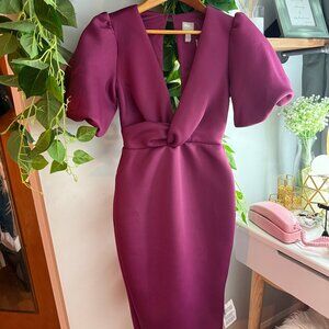 NWT ASOS Mulberry Scuba Midi Dress | Knot Waist, Puff Sleeve, Cocktail & Wedding